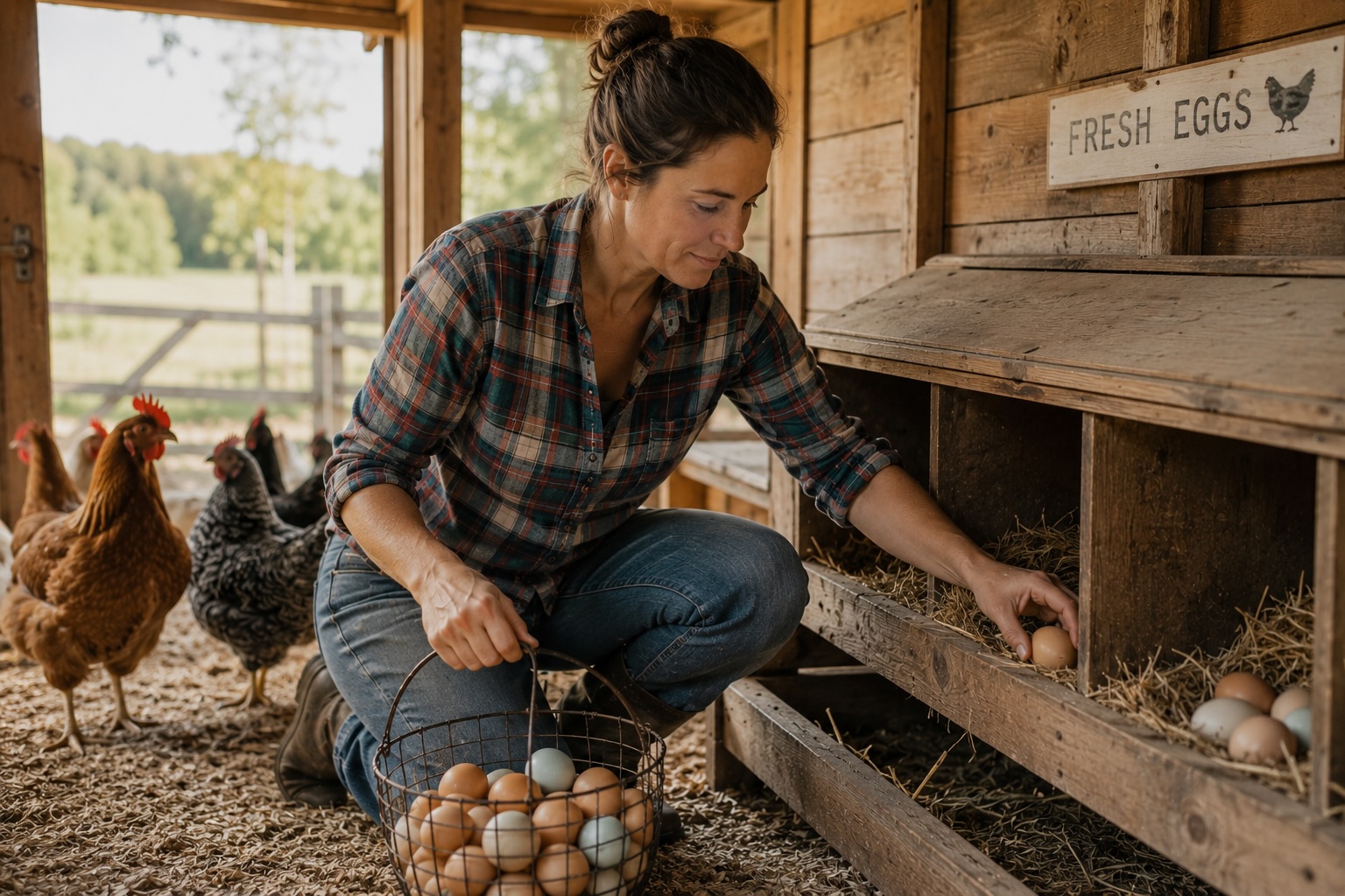 Farmer gathering eggs at the homestead